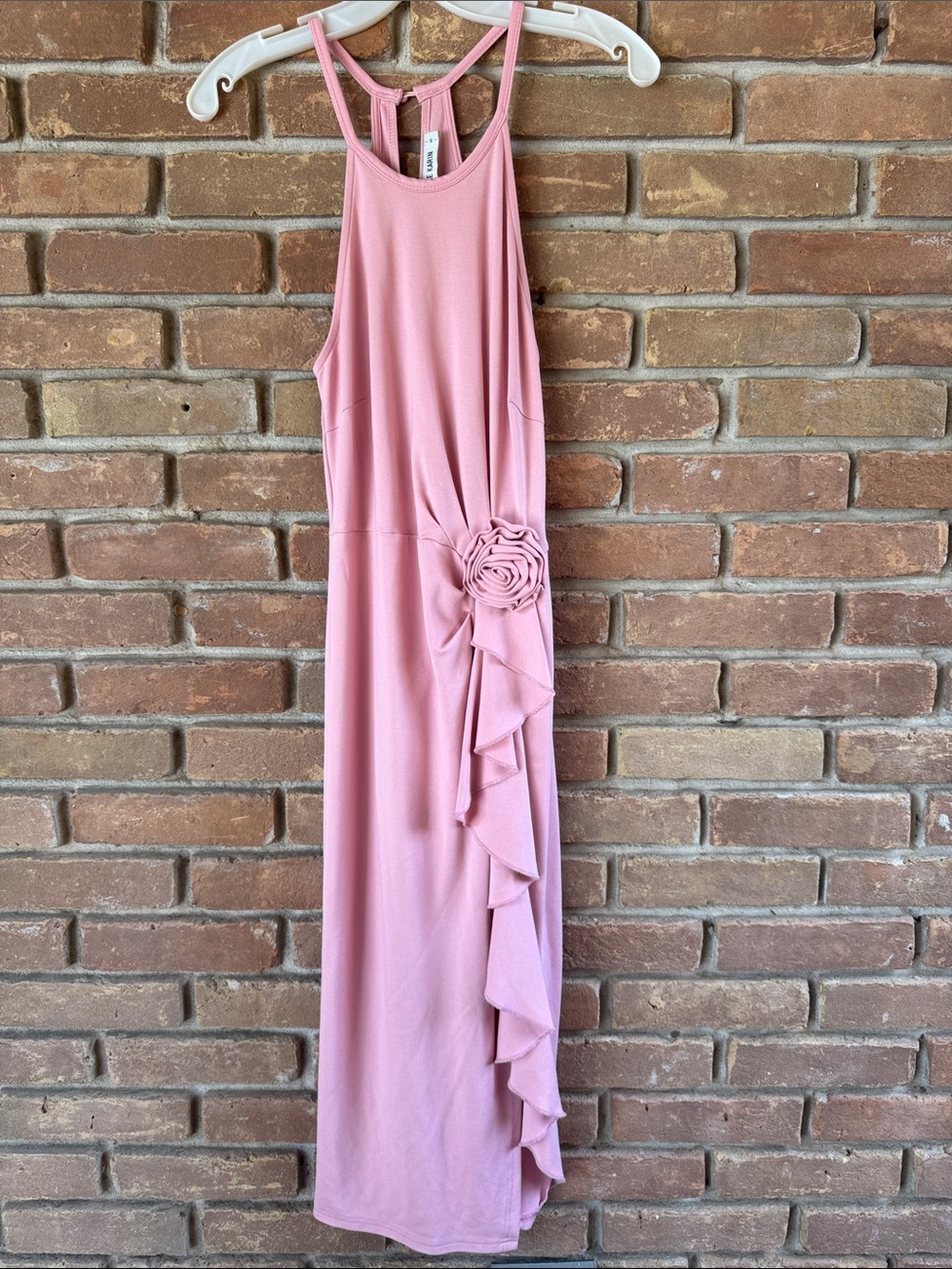 Grace Karin Mauve Pink Halter Maxi Dress with Side Rosette and Ruffle